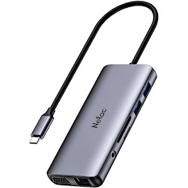 USB ჰაბი Netac NT08WF15-30GR WF15, USB, USB-C, HDMI, SD, VGA, RJ45, 3.5mm, Hub, Gray